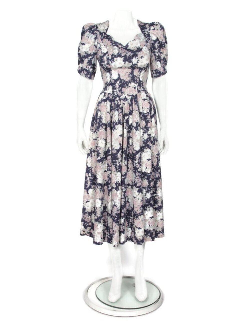 Vtg 80's LAURA ASHLEY Floral Sweetheart Neckline Navy Pink Tea Dress US 4 /892